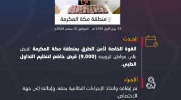 القبض على مواطن لترويجه 9,000 قرص خاضع لتنظيم التداول الطبي بمنطقة مكة